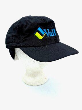 Rare VTG Vail Colorado Ski Resort Lined Nylon Winter Hat w/Ear Flaps Black, 90s